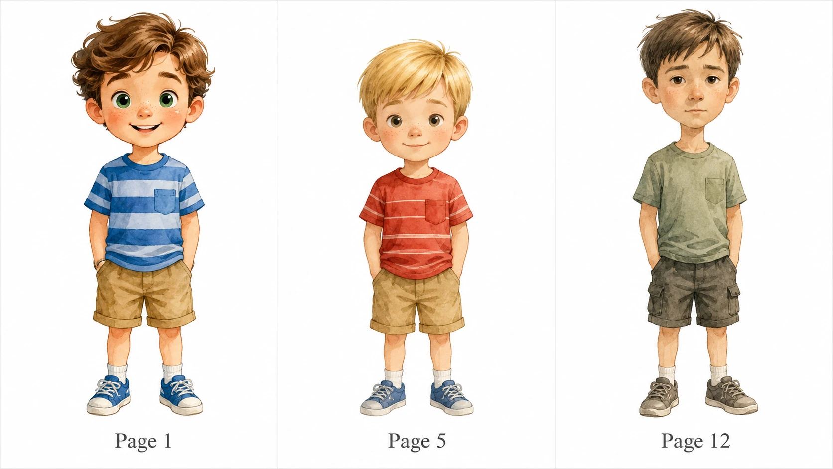 AI-generated children's book character showing inconsistency across pages — same prompt produces different hair color, eye shape, and outfit on page 1, page 5, and page 12, demonstrating why AI illustration consistency is the #1 problem for authors