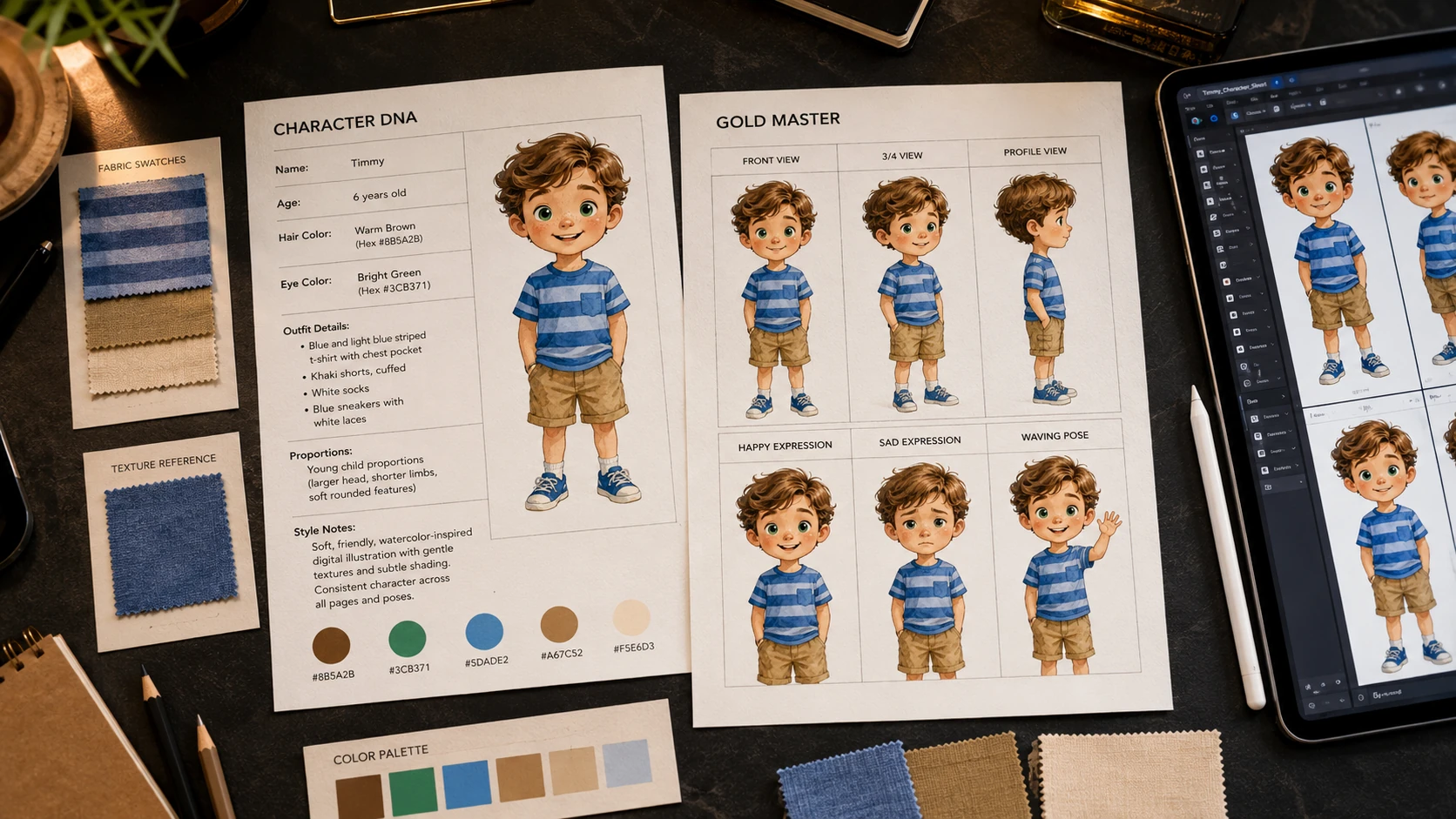 Character DNA document and Gold Master reference sheet system for keeping AI-generated children's book characters consistent across 20+ illustrations — professional workflow documentation with color codes, proportions, and multi-angle character references