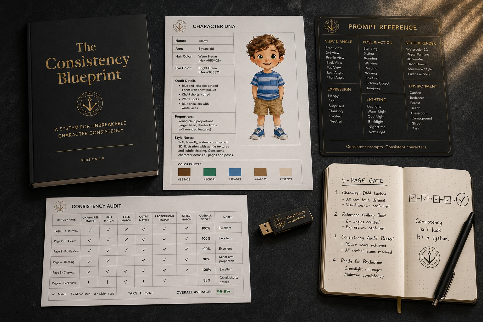 Children's book illustration consistency audit spreadsheet tracking 20 pages — automated scoring for character face match, hair color accuracy, outfit consistency, and proportions with green pass, yellow review, and red regenerate status indicators