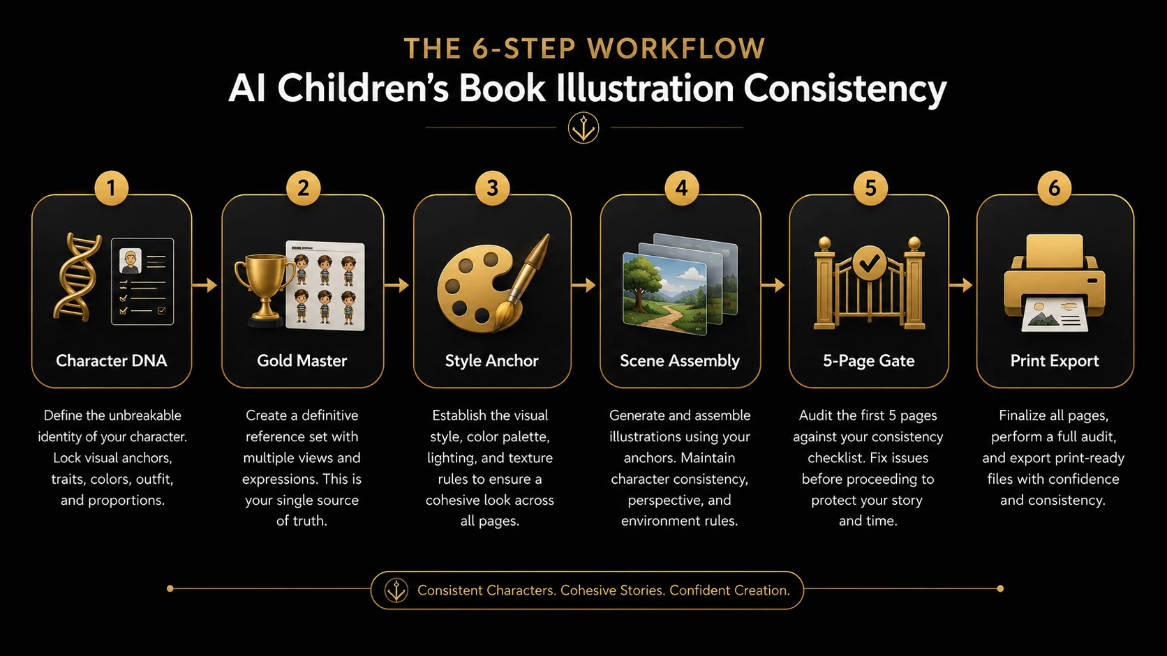 Character DNA document and Gold Master reference sheet system for keeping AI-generated children's book characters consistent across 20+ illustrations — professional workflow documentation with color codes, proportions, and multi-angle character references