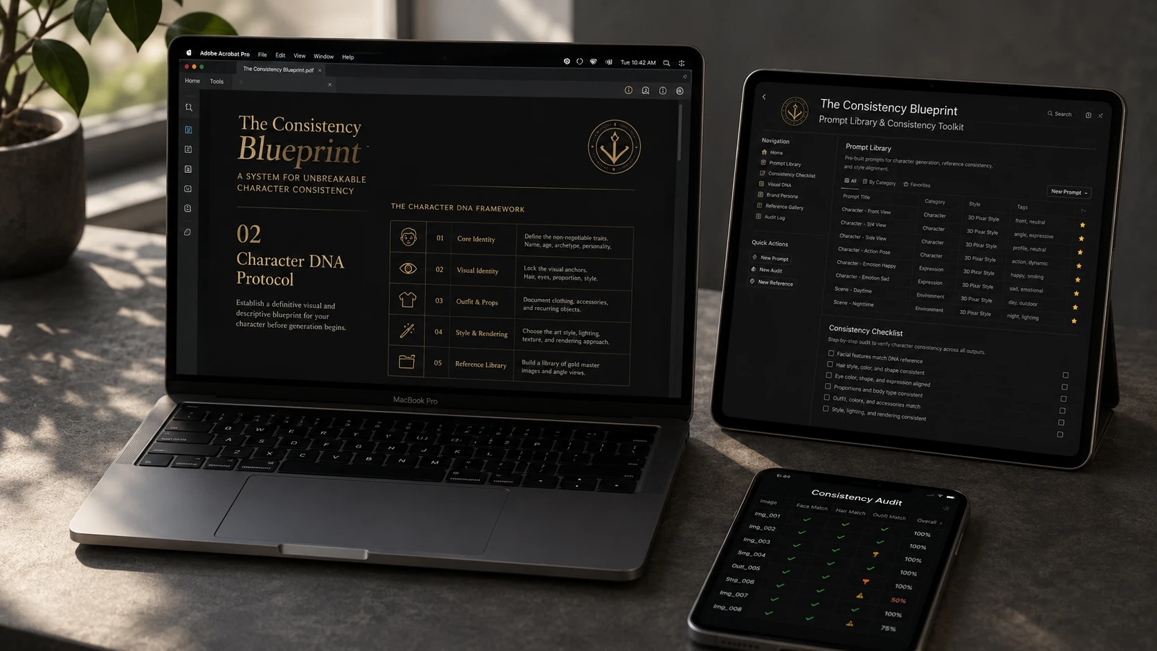 The Consistency Blueprint digital course displayed on MacBook, iPad, and iPhone — showing the PDF system, Notion-style prompt library template, and consistency audit spreadsheet for generating professional AI children's book illustrations