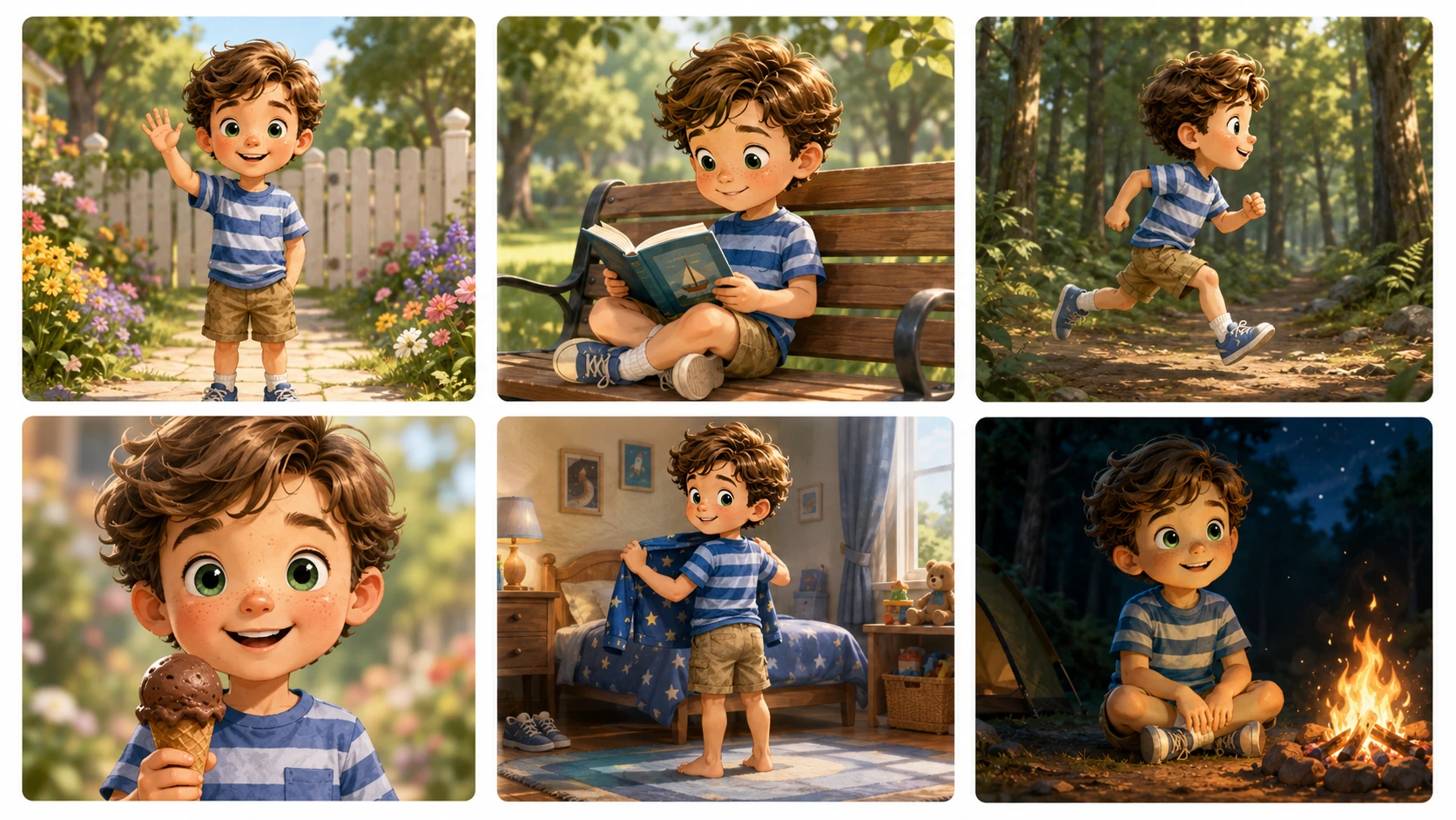 Same AI-generated children's book character perfectly consistent across six different scenes — garden, park, forest, bedroom, and campfire — identical face, hair, outfit colors, and art style on every page using the Consistency Blueprint system