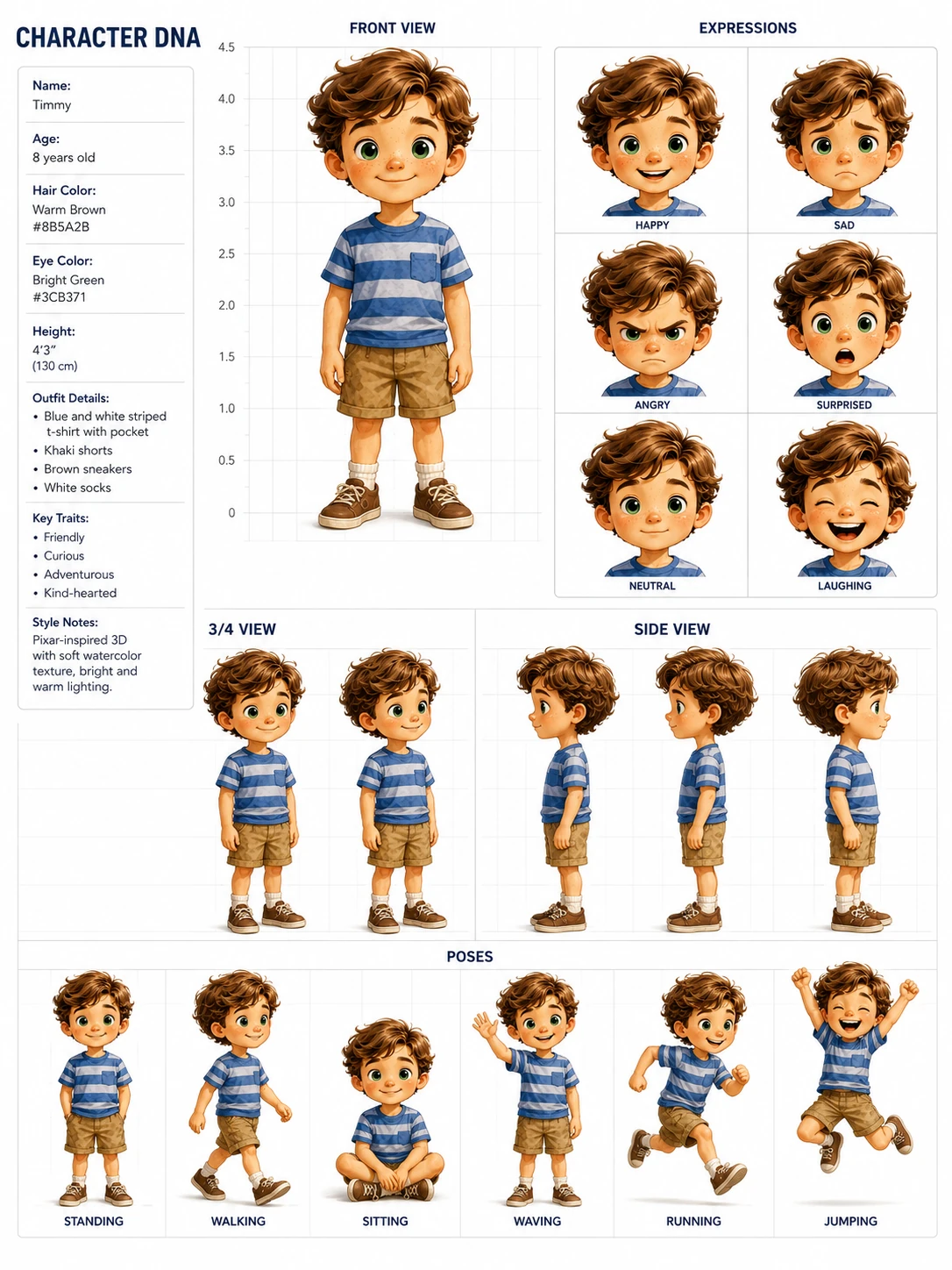 Professional children's book character turnaround reference sheet — front view, three-quarter view, side profile, six expressions, and six poses — all perfectly consistent for AI illustration generation using the Gold Master protocol