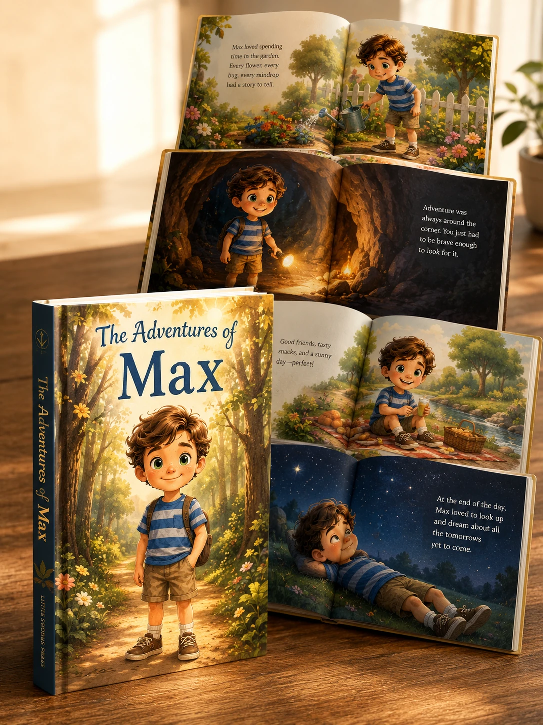 Published hardcover children's book with perfectly consistent AI-generated character on cover and interior spreads — showing the end result of using the Consistency Blueprint system for professional children's book illustration